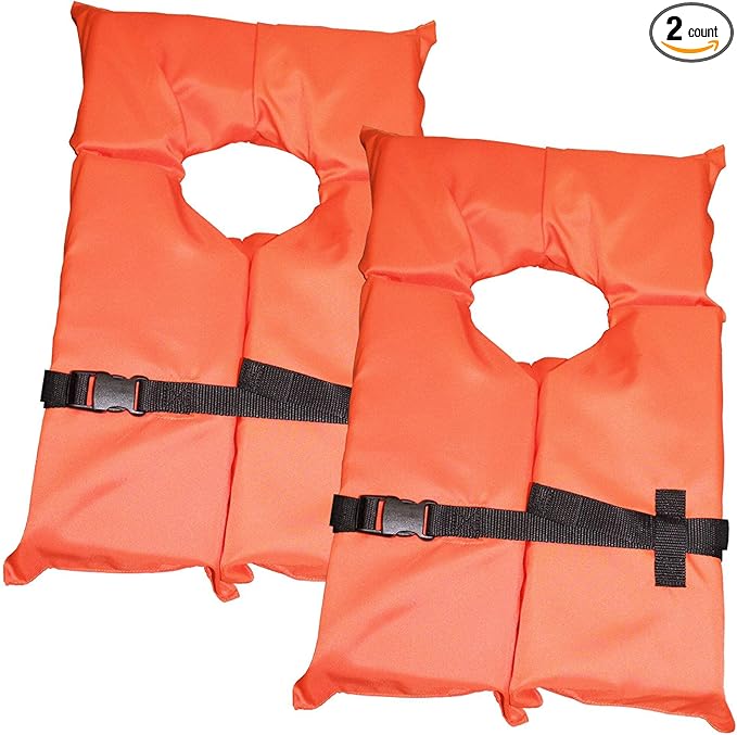 2 Pack Coast Guard Approved Life Jackets. High Visibility Color Type II Keyhole Life Vest in Classic May West Style. Compliance Flotation Device