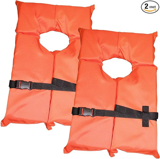 2 Pack Coast Guard Approved Life Jackets. High Visibility Color Type II Keyhole Life Vest in Classic May West Style. Compliance Flotation Device