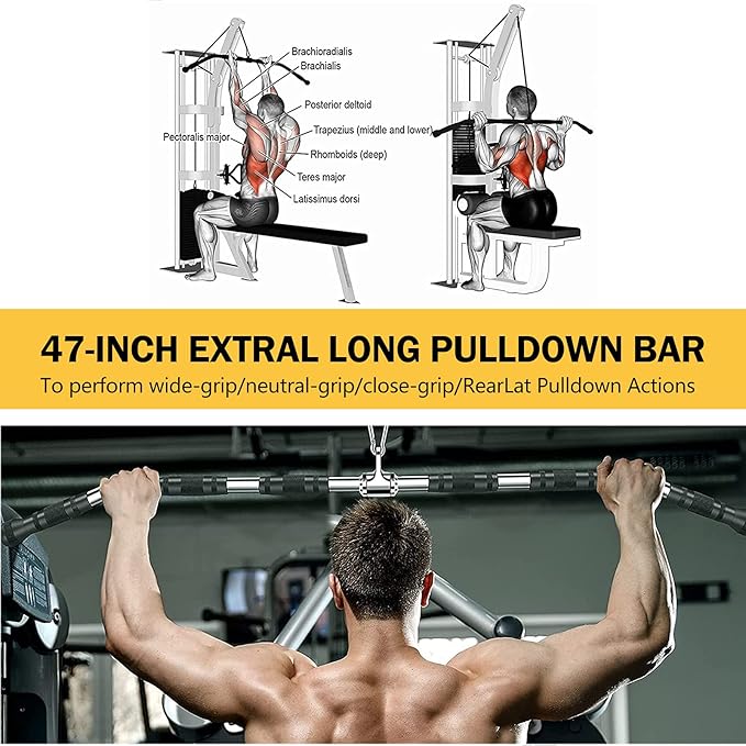 Time wave 47In LAT Pull Down Bar Attachment, Deluxe Revolving Bar with Full Rotation and Rubber Handle for Gym, Strength Workout Accessories, Body Training, Muscle Building and Weight Loss