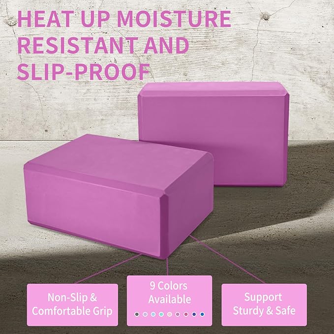 Yoga Block 2 Pack 9"x6"x3", Sturdy Yoga Foam Blocks, High Density & Non Slip Surface for Pilates & Stretching, Fitness Accessories for Stability & Balance