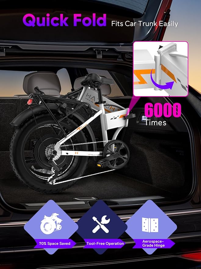 Q20 Folding Electric Bike, 52V 15.6Ah Removable Concealed Battery 20” Fat Tire Dirt Bike,1500W Motor 30 MPH Top Speed E Bikes, 7 Speed Dual Hydraulic Brake Electric Bikes for Adults