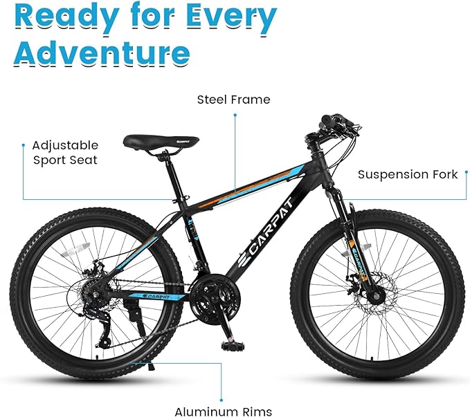 24/26 Inch Mountain Bike, 21 Speed Mountain Bicycle with High Carbon Steel Frame, Dual Disc Brakes and Front Suspension, MTB Bike for Adult Teenagers Boys Girls