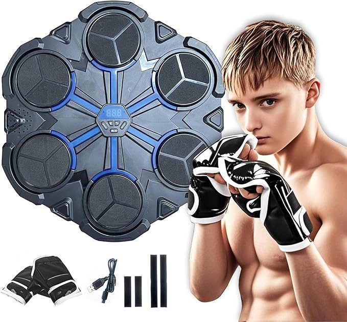 Music Boxing Machine for Kids - Wall Mounted Music Boxing Machine with Boxing Gloves Smart Bluetooth Music Boxing Trainer Home Indoor Workout Training Boxing Equipment (Blue)