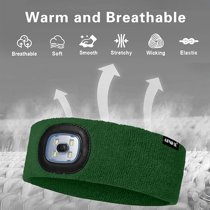 ATNKE 4 LED Lighted Sport Sweatband,USB Rechargeable Running Head Band Lamp High Stretch Wicking Gifts for Men and Women
