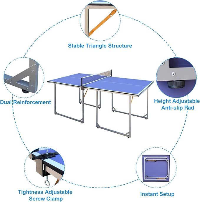 Compact Ping Pong Table, 6ft Mid-Size Indoor/Outdoor Table Tennis Game Set, Foldable, Portable Table Tennis Table with Net, 2 Table Tennis Paddles and 3 Balls