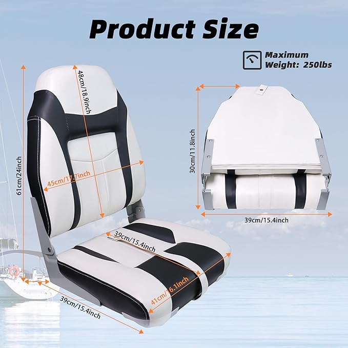 Deluxe High Back Boat Seats, Fold-Down Fishing Boat Seat 2 Pack, White and Black