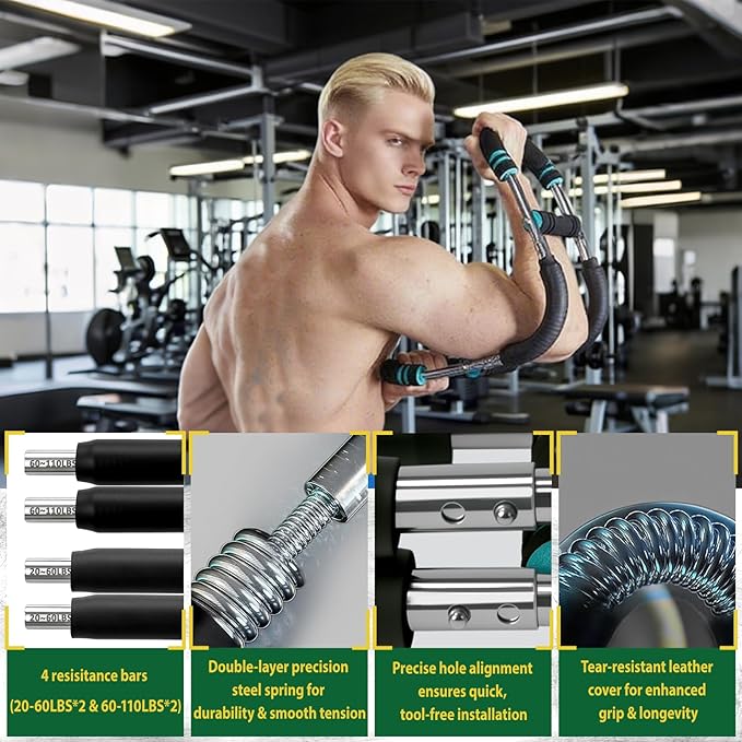 VVOKGO Twister Arm Trainer for Men & Women with 4 Spring, 20-110lb Adjustable Chest Workout Equipment, Shoulder Arm Strength Exerciser, Portable Power Twister Bar, Detachable Design Fitness Anywhere