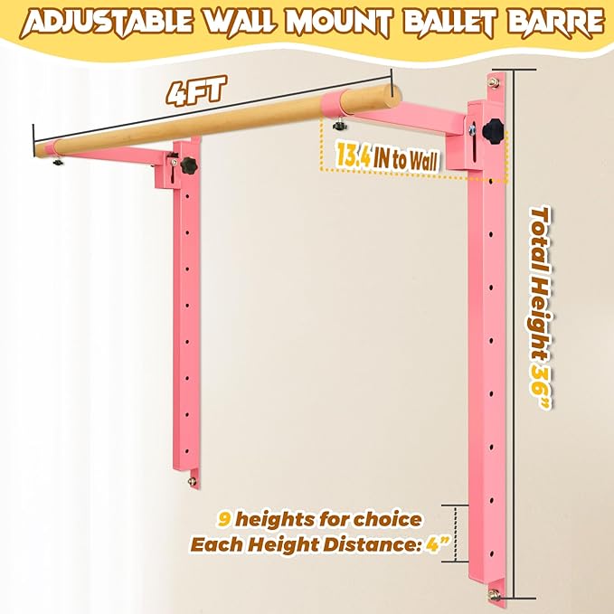 Wall Mounted Ballet Barre Adjustable Ballet Bar Foldable Dance Bar-Fully Adjustable -Solid Beech Wood Bar,Ballet workout Fitness Equipment Pull Up Stretch Never move