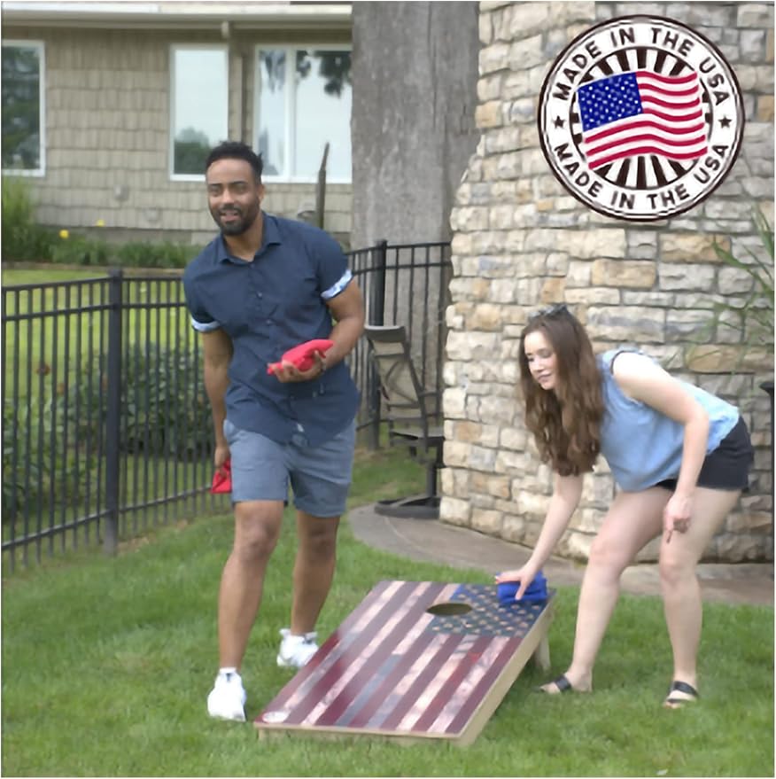 Slick Woody's Professional-Grade Cornhole Boards - 4'x2' Solid Wood Regulation Woodgrain Flag Bean Bag Toss Game with 8 Resin Filled Bags