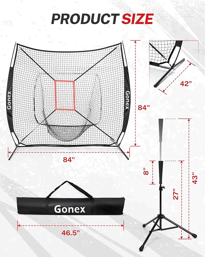 Gonex 7' x 7' Baseball Softball Practice Net Set with Batting Tee for Hitting and Pitching Batting, Practice Training Aid, with Strike Zone, Large Mouth, Bow Frame, Carrying Bag