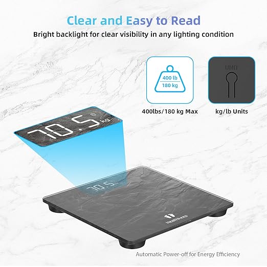 Healthkeep Digital Bathroom Scale, High Precision, with Step-On Technology, LED Display, Slim Design, Max. 180 kg/400 lb, Marbled Gray