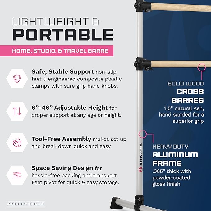 VITA Barre Portable Freestanding Double Ballet Barre, Prodigy, 4 Ft Bars, Satin Silver, with Bag | Adjustable Height, USA Made, Home or Gym Exercise Equipment for All Ages | Dance, Fitness, Pilates