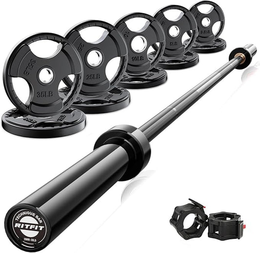 RitFit Barbell Weight Set - 4/6FT Olympic Barbell with Weight Plates (55-275LB Total) - Weightlifting Equipment for Squats, Curls, Deadlifts, Presses, Hip Thrusts