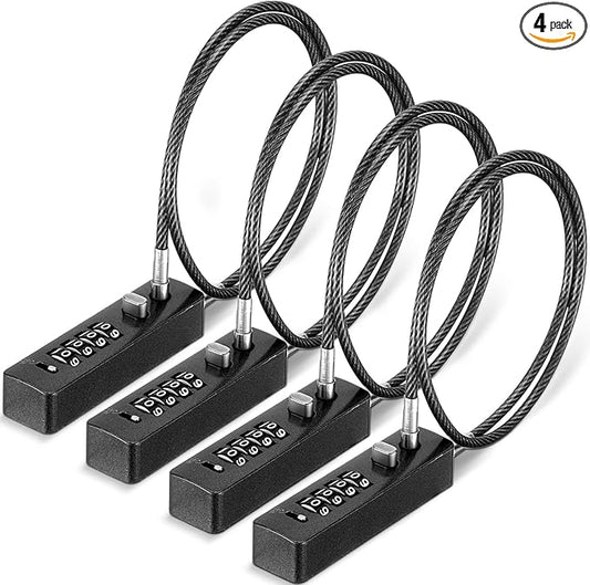 Hicarer 4 Pcs 23-3/5 Inch Length Cable Locks with Combination 4 Digit Resettable Security Lock for Bikes Lockers Bicycle Wardrobes File Cabinets Gate Fences Anti Theft Locks, 3/16" Diameter