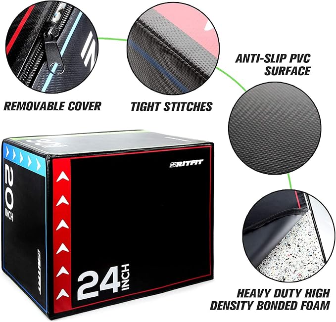 RitFit 3 in 1 Extra Firm Soft Plyo Box Foam Plyometric Box-30”x24”x20”-20"x18"x16" Heavy Duty High Density Foam Jumping Box 3 Sizes with PVC Cover,Platform for Home Gym Fitness, 440lb Weight Capacity