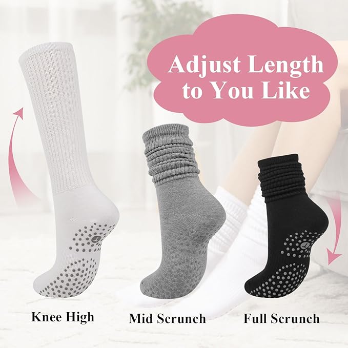 Grip Pilates Socks for Women, Yoga Slouch Socks with Grip for Barre Workout Hospital Long Scrunch Slipper Socks
