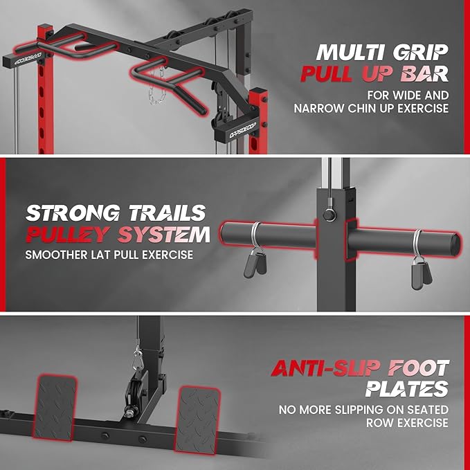 Smith Machine with LAT-Pull Down, Multi-Functional Smith Machine, Power Cage with Cable Crossover, Squat Rack with Landmine, Barbell Bar, Plate Storage Pegs and More Training Attachment