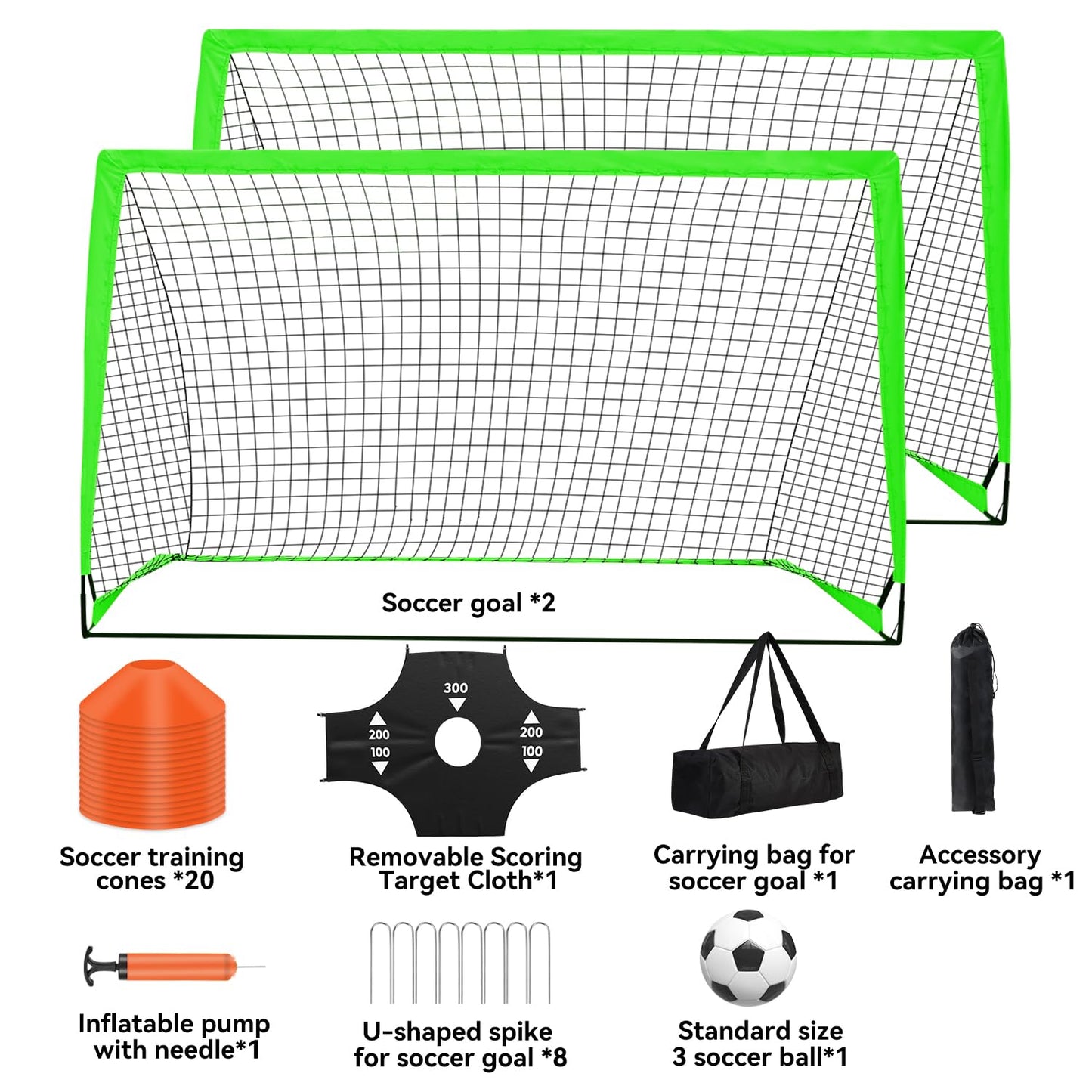Fololicx Green Soccer Goals for Backyard, 2 of 6x4ft Kids Soccer Net Training Equipment, Portable Pop Up Toddler Soccer Goal with Soccer Ball, Scoring Target Cloth, and Cones - Fun Youth Outdoor Games