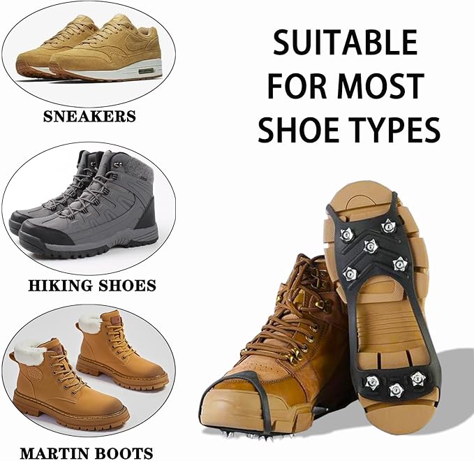 2 Pairs Ice Cleats for Shoes and Boots,Universal 8 Steel Studs Crampon Ice & Snow Grippers for Winter Hiking Climbing Ice Fishing,Anti-Slip