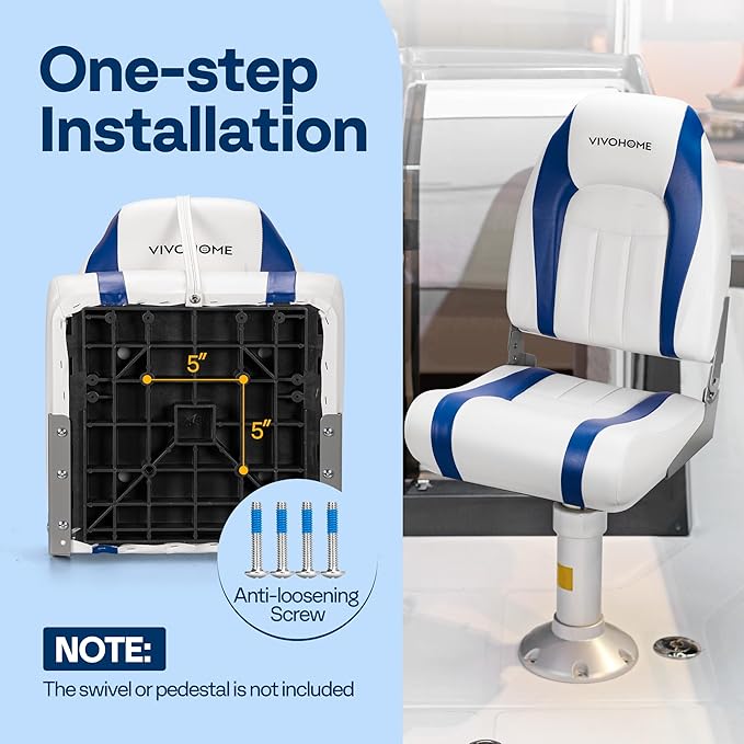 VIVOHOME Folding High Back Boat Seats 2 Pack, Waterproof Boat Captain Chairs, 4 Mounting Screws Included, White and Blue