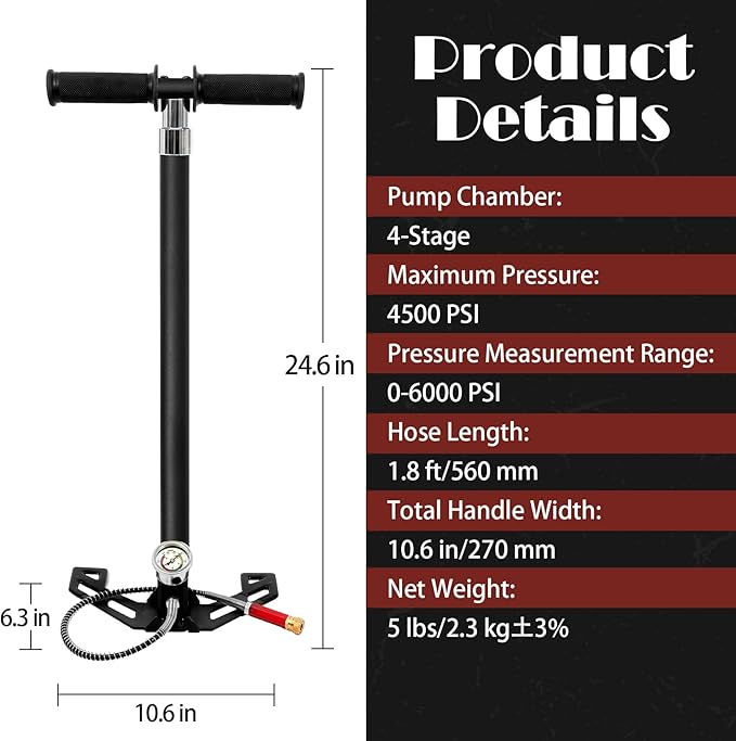 4-Stage PCP Hand Pump, 30MPa/4500PSI High Pressure Pump with Oil-Water Filter for PCP Air Rifles, HPA Tanks, Paintball Guns & Tire Inflation