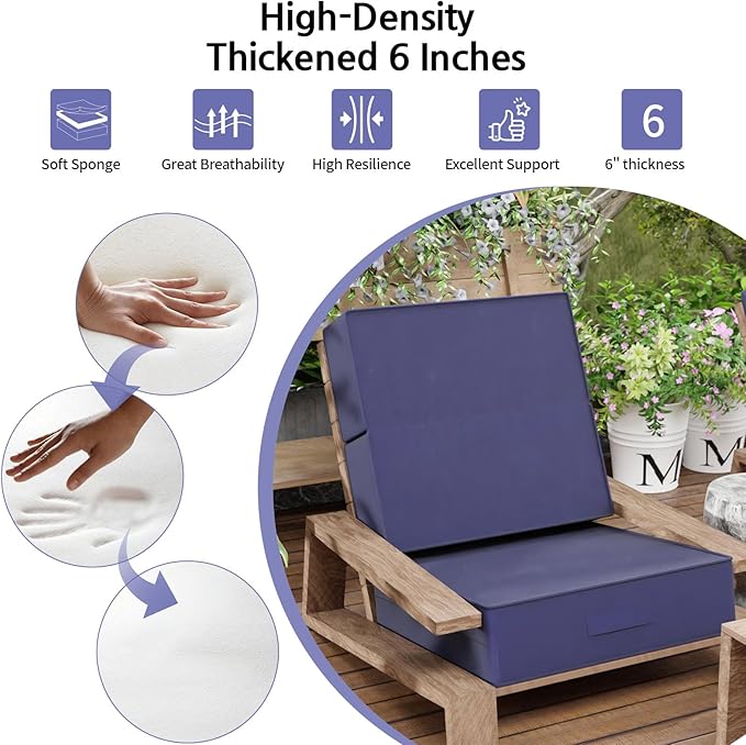 6 Inch Thick Foldable Deep Seat Cushion, 2 PCS 24 x 24 Inch Outdoor Water & Fade Resistant Olefin Patio Furniture Replacement Chair Cushion, with Removable Cover, Handle and Straps, Dark Blue