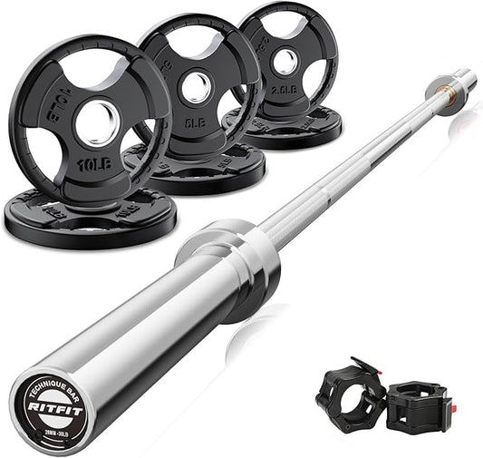RitFit Barbell Weight Set - 4/6FT Olympic Barbell with Weight Plates (55-275LB Total) - Weightlifting Equipment for Squats, Curls, Deadlifts, Presses, Hip Thrusts