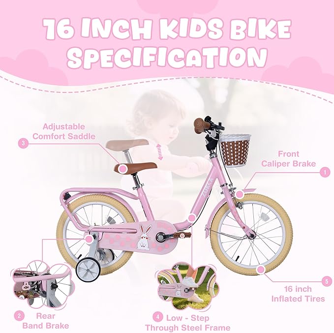 Kids Bike 16 inch Boys Girls Ages 4-7 Years Old Cruiser Bicycle with Woven Basket Single Speed for Youth Caliper Brake Band Brake Rear Rack Included Multiple Colors