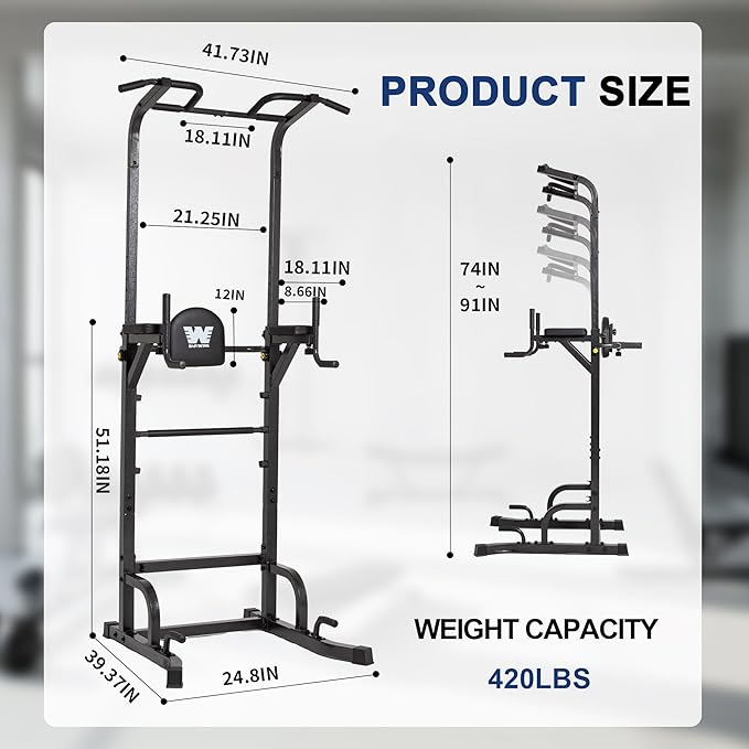 BARWING Pull Up Bar Station, Power Tower, Dip Station with 3D Backrest, Multi-Function Strength Training Stand Rack, Adjustable Height Dip Bar for Home Gym Workout Stand Fitness Exercise Equipment