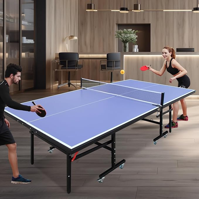 8ft Mid-Size Table Tennis Table Foldable & Portable Ping Pong Table Set for Indoor Games with Net, 2 Table Tennis Paddles and 3 Balls