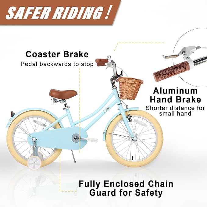 Glerc Little Molly 12-20 Inch Kids Retro Cruiser Bike for 2-13 Year Old with Wicker Basket & Training Wheels/Kickstand, Multiple Colors