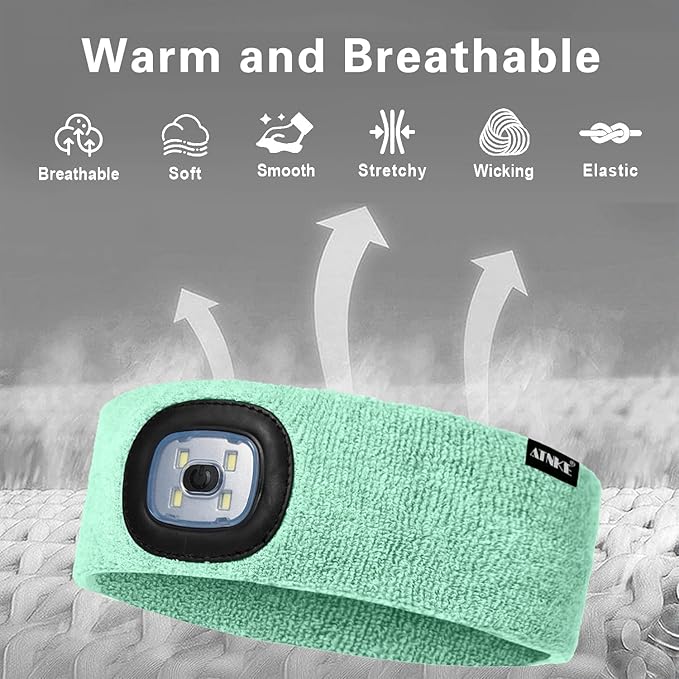 ATNKE 4 LED Lighted Sport Sweatband,USB Rechargeable Running Head Band Lamp High Stretch Wicking Gifts for Men and Women