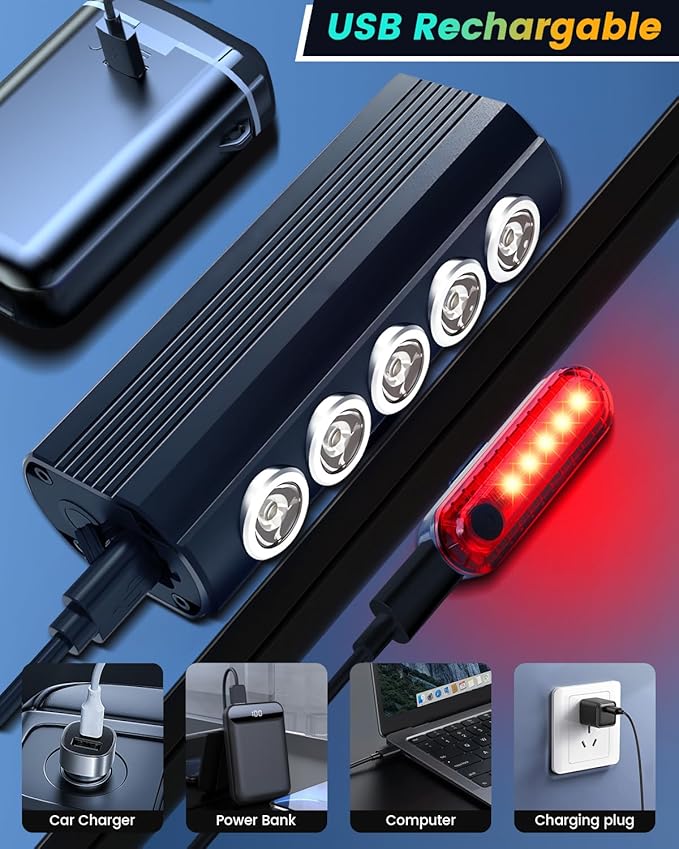 Super Bright Bike Lights for Night Riding- USB Rechargeable Bicycle Headlights, IPX5 Waterproof Bike Headlight and Taillight, Bicycle Light Set for Adult Kid Mountain Road Commuter Cycling