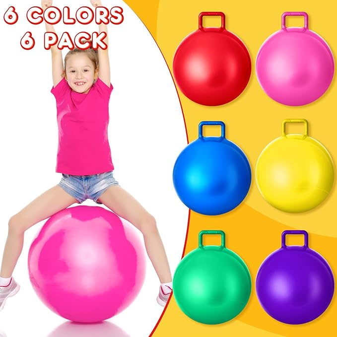 Lewtemi 6 Pcs Hopper Ball Carnival Outdoor Games 22 Inch Jumping Hopping Inflatable Bouncing Ball with Handle and Air Pump for Kids Sport Exercise(Red, Blue, Green, Pink, Yellow, Purple)