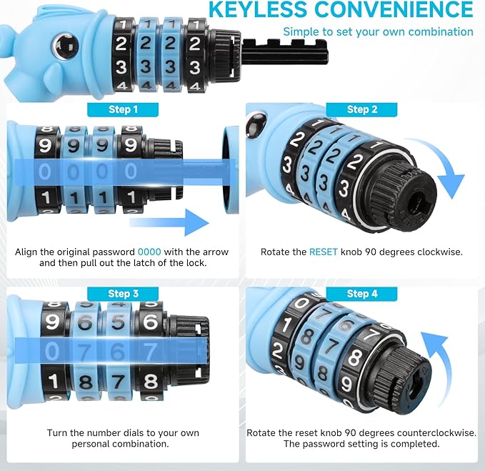 Bike Lock, 3.9 Feet 4-Digit Resettable Combination Password Anti-Theft Cable Lock, Cute Coiled Bike Lock with Mounting Bracket, Suitable for Bicycles, Electric Scooters, Ebikes (Blue-10mm)