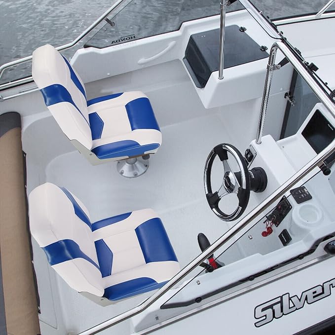PEXMOR Boat Seats, Low/High Back, Folding, Waterproof, Captain Seat, 2 Packs (High Back-Blue & White)