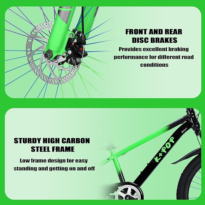 20 24 Inch Kids' Mountain Bike, Front Suspension Fork Kids' Bicycles for Boys Girls, Single Speed Bikes for Girls Boys Ages 8-12, Front and Rear Disc Brakes, Adjustable Seat Height