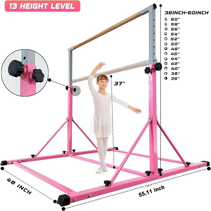 MARFULA Gymnastic Bar for Kid and Teenage Ages 3-25, 5 FT / 8 FT Base Length, 4 FT Width 5 FT Height, Gymnastic Kip Bar Horizontal Bar for Gymnast, Gymnastic Training Equipment for Home and Club Use