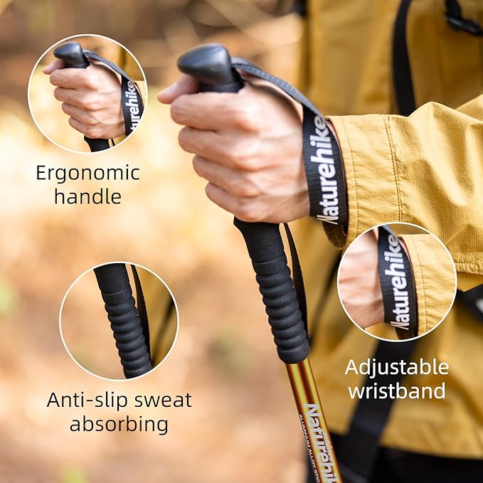 Naturehike Collapsible Trekking Poles, Adjustable Lightweight Aluminum Hiking Poles, Shock Absorption with Wrist Straps for Hiking and Daily Use, Yelllow/Green (Set of 2)