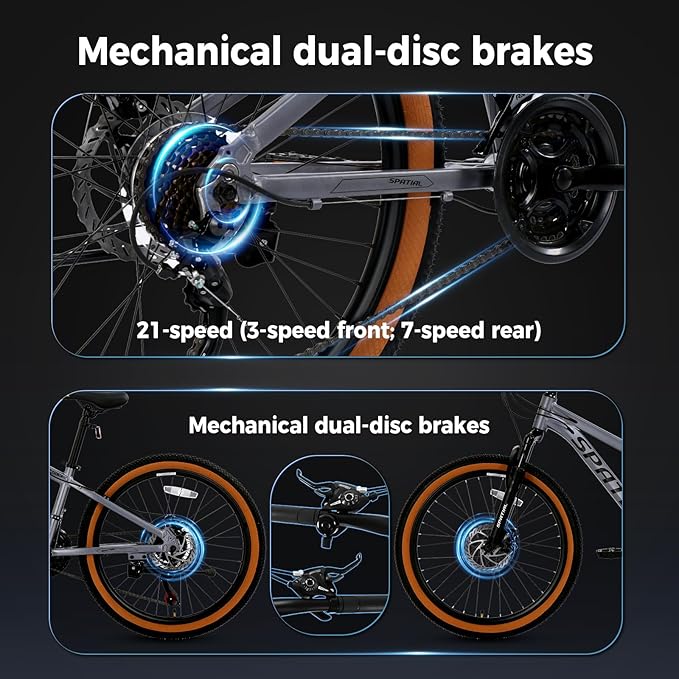 SPATIAL Mountain Bike, 24/26/27.5/29 inch Outdoor Cycling Bike,21/8 Speed Lightweight Aluminum Frame | Dual Disc Brakes,Adjustable Ergonomic Seat for Men Women Adult,MTB Bicycle