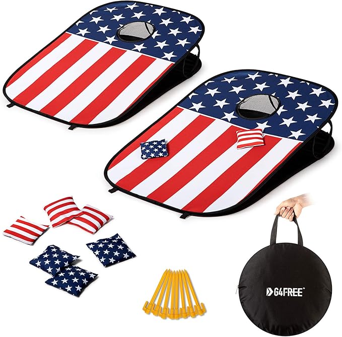 G4Free Portable Collapsible 5 Holes Cornhole Game Set with 8 Bean Bags Carrying Case Toss Game Size 3ft x 2ft for Camping Travel