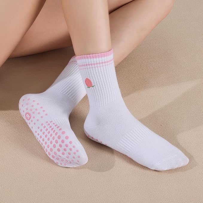 EUDOLAH Cute Yoga Socks for Women Pilates Barre Breathable Non-Slip Crew Grip Sock With Stripes Anti-friction Athletic Socks