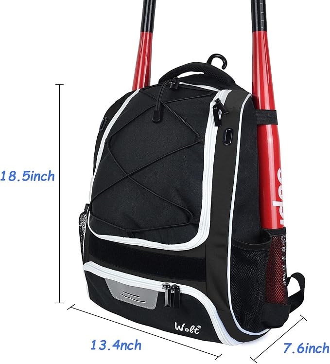 WOLT Youth Baseball Bag - Bat Backpack for Baseball, T-Ball & Softball Equipment & Gear, Bat & Glove Holder, Large Main Compartment for Helmet & accessories, Separate Shoes Compartment, Fence Hook