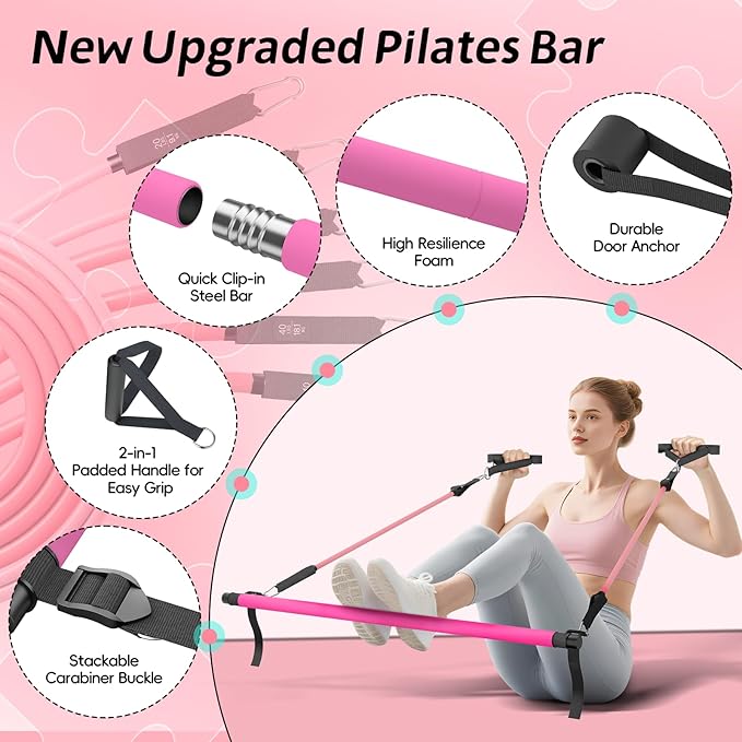 Pilates Bar Kit with Resistance Bands, Portable Pilates Bar for Home Gym Yoga & Full Body Workouts, Pilates Equipment for Women & Men, Fitness Set for Strength Toning Stretching Flexibility Training
