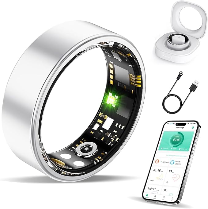 Smart Ring Health Tracker, Fitness Sleep and Heart Rate Monitor Smart Ring, Waterproof Bluetooth Fitness Tracker Ring IPX68 Waterproof (Silver, 7)