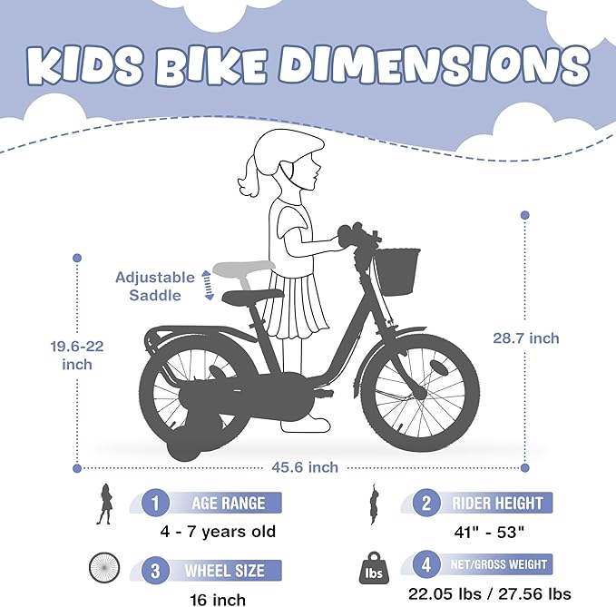 Kids Bike 16 inch Boys Girls Ages 4-7 Years Old Cruiser Bicycle with Woven Basket Single Speed for Youth Caliper Brake Band Brake Rear Rack Included Multiple Colors