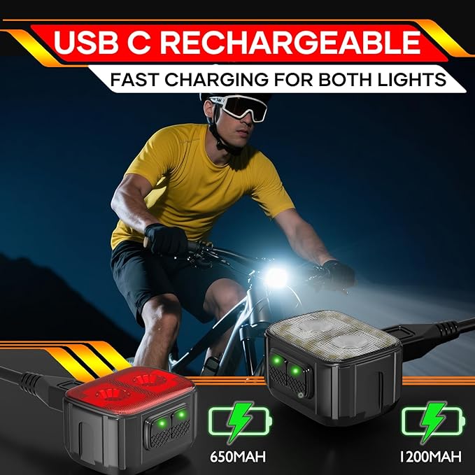Bike Lights 3 Set, Rechargeable Bicycle Light Super Bright 8+12 Modes, IPX6 Waterproof Bike Lights for Night Riding Cycling Safety, Front and Rear Back Taillight, Long Battery Life