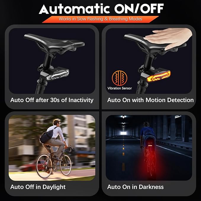Smart Bike Tail Light with Turn Signals and Brake Light, Anti-Theft Bike Alarm with Remote, Bike Horn with USB-C Rechargeable, Auto ON/Off, IP65 Waterproof Bike Turn Signals Rear Light