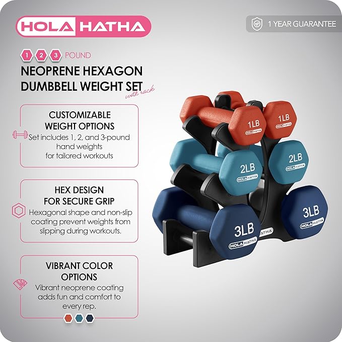 HolaHatha 2, 3, 5, 8, and 10 Pound Neoprene Dumbbell Free Hand Weight Set with Rack, Ideal for Home Exercises to Gain Tone and Definition, Pastel
