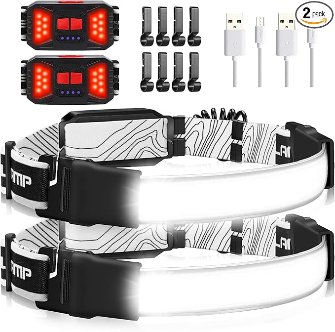 Rechargeable Headlamp, 230°Wide-Angle 1000 Lumens Headlamp Flashlight with Red Taillight 3 Light Modes Lightweight LED Head Lamp Adjustable Waterproof Head Light for Running Cycling (Black(2-Pack))